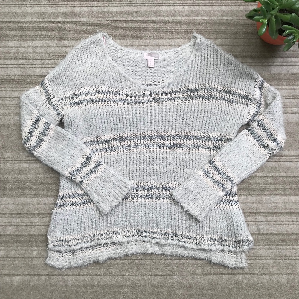 Comfy & Oversized Fuzzy Eyelash Sweater In Oatmeal Gray & Light Pink Stripe